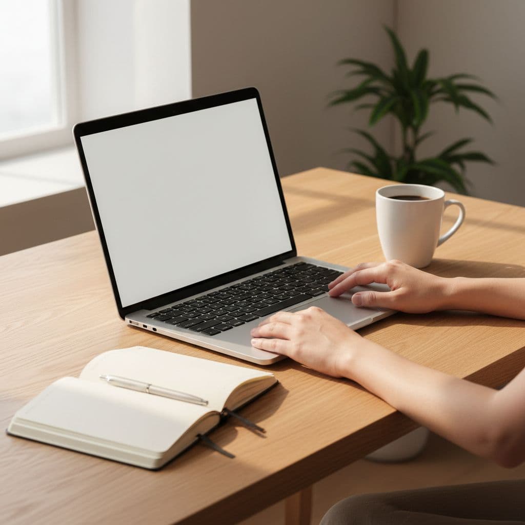 A modern laptop, coffee, and notebook sit on a sunlit wooden desk with hands resting nearby.