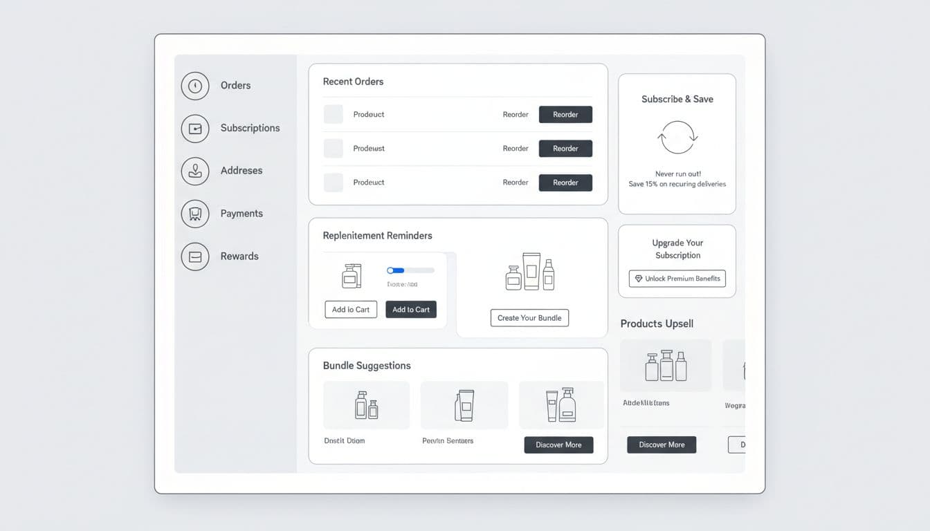 Clean minimalist wireframe task flow diagram of an ecommerce account page with left sidebar navigation including Orders, Subscriptions, Addresses, Payments, Rewards, and main content modules like recent orders with Reorder buttons, replenishment reminders, bundle suggestions, subscribe-and-save CTAs, and upsell panels in modern SaaS style.