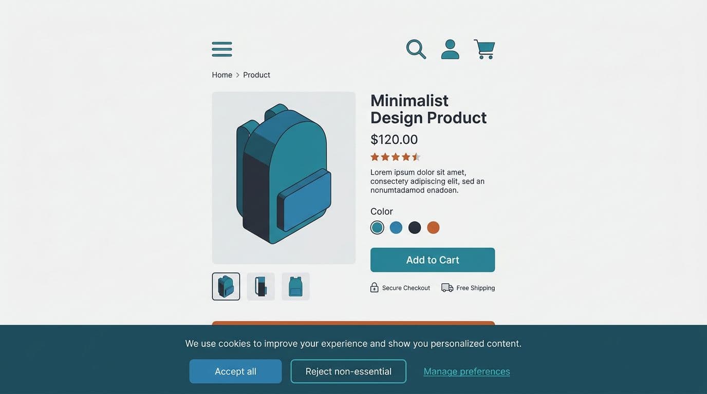 Minimalist vector illustration of an e-commerce product page mockup with a subtle 3D depth on neutral background, featuring a tasteful cookie consent banner at the bottom with clear options: Accept all, Reject non-essential, Manage preferences.