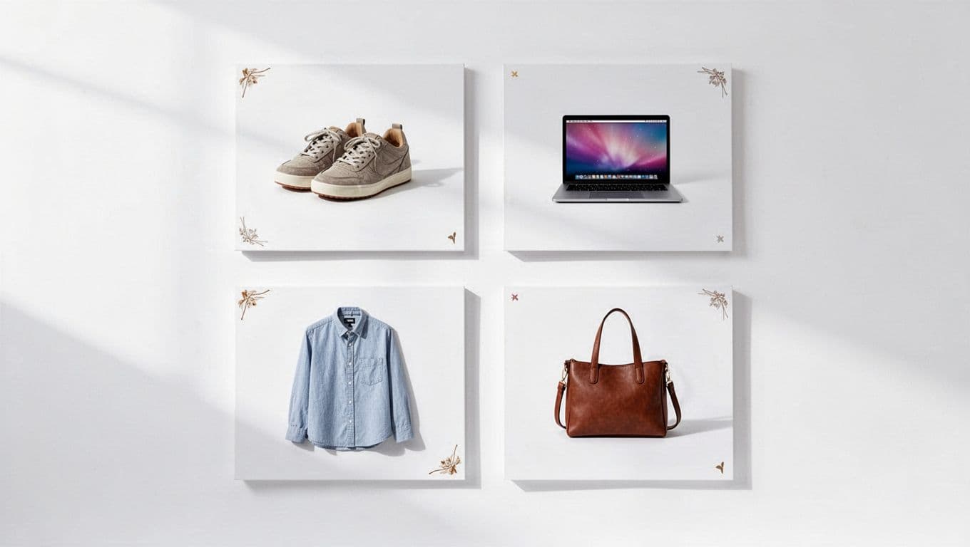 Clean grid of four e-commerce product listing cards on a white background, each featuring a central product image, subtle corner badge, short title, and price. Minimalist design with even spacing and soft shadows, illustrating best practices for subtle badge placement without visual overload.