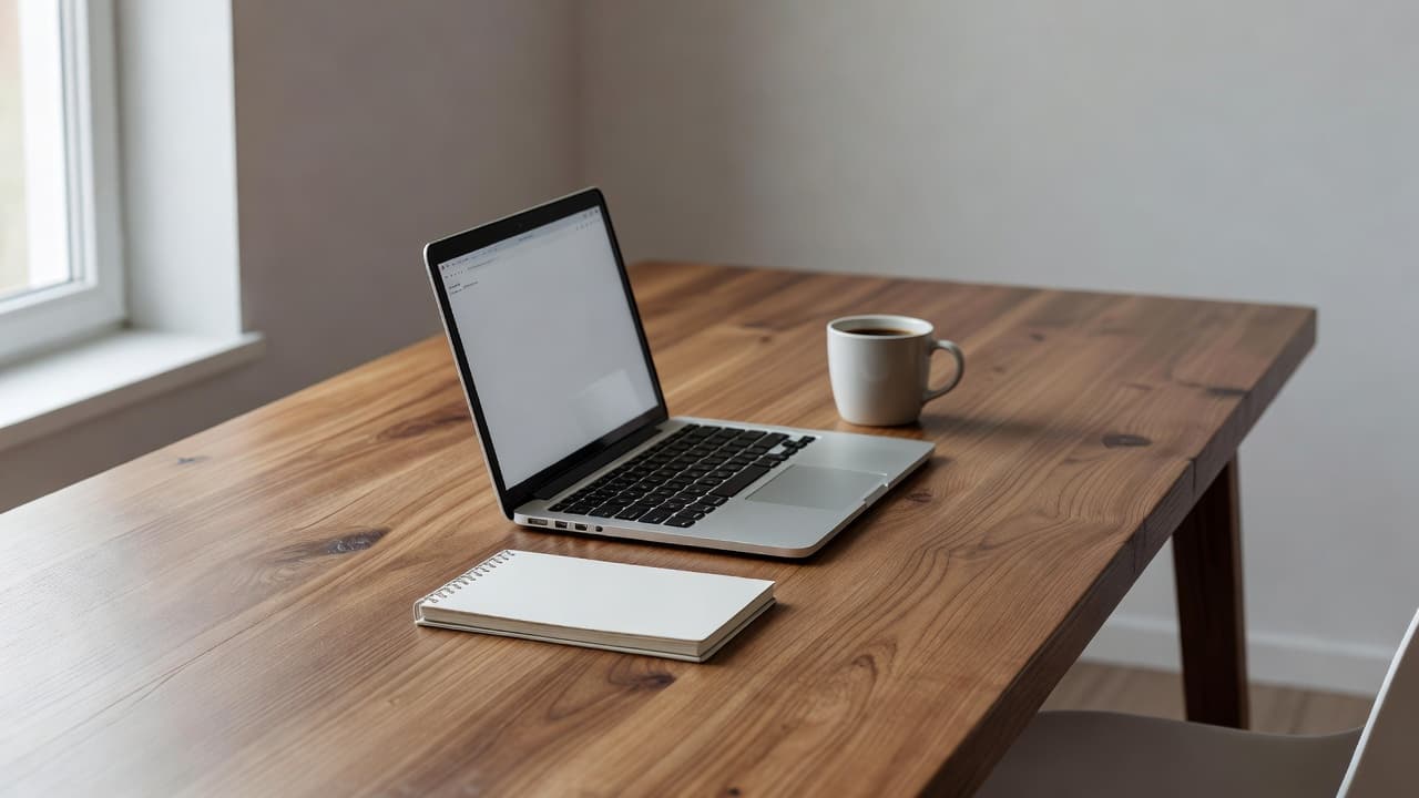 A light wood desk surface supports a slim laptop, an open paper notebook, and a ceramic coffee mug. Soft daylight streams in from the left to illuminate the tidy, productive workspace.