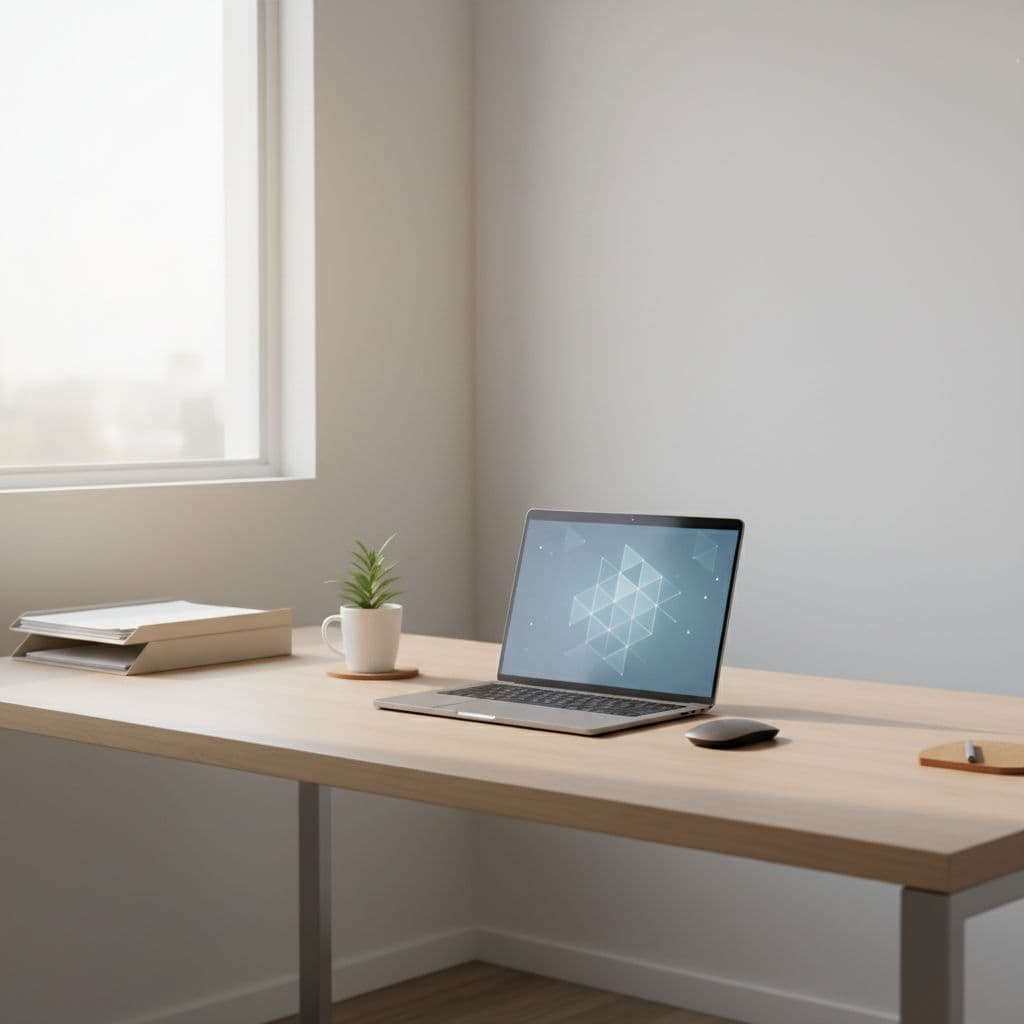Clean minimalist desk with partially open modern laptop in soft morning light from window.