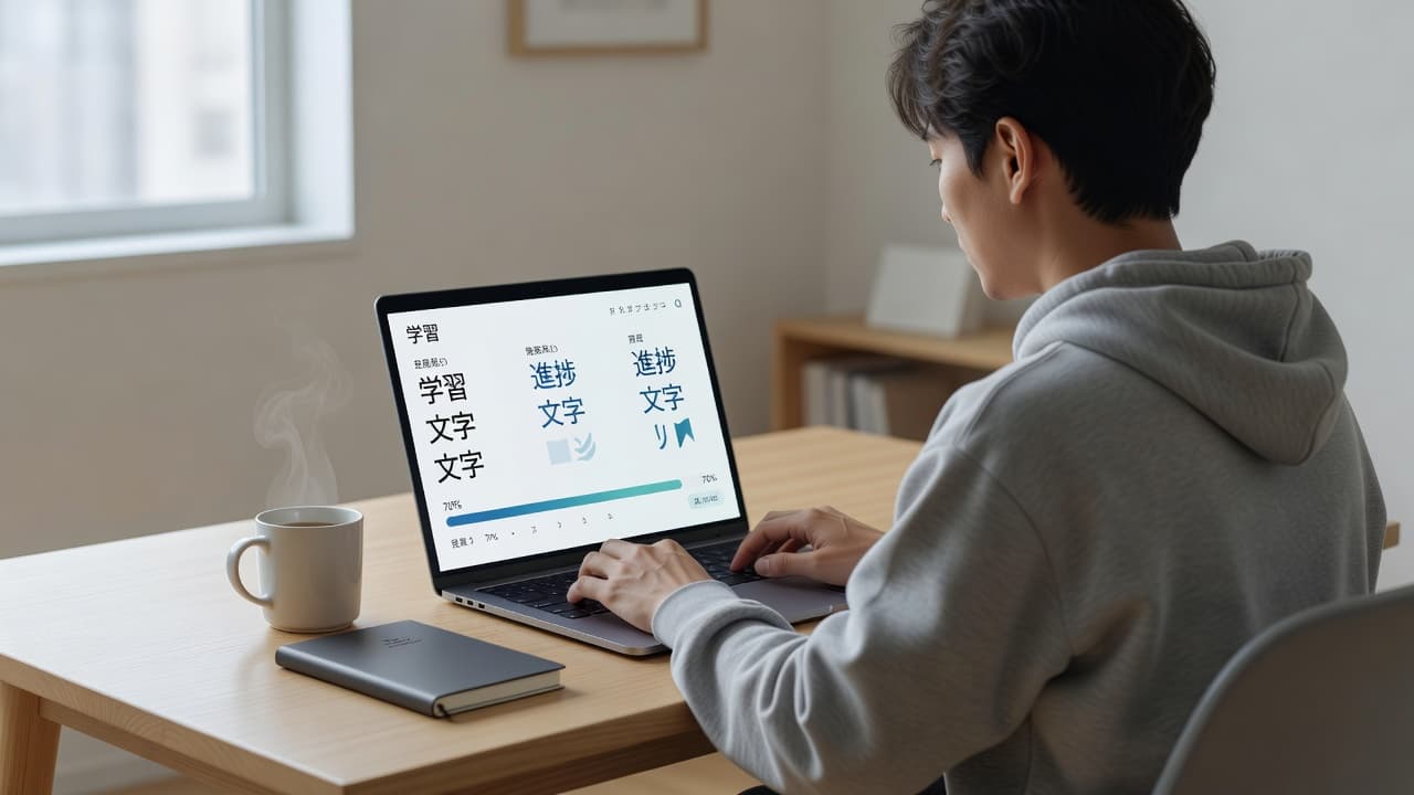 NativShark Review 2026: Is It Worth the Cost? 2 A student using a laptop to study Japanese characters at a clean, quiet workspace.
