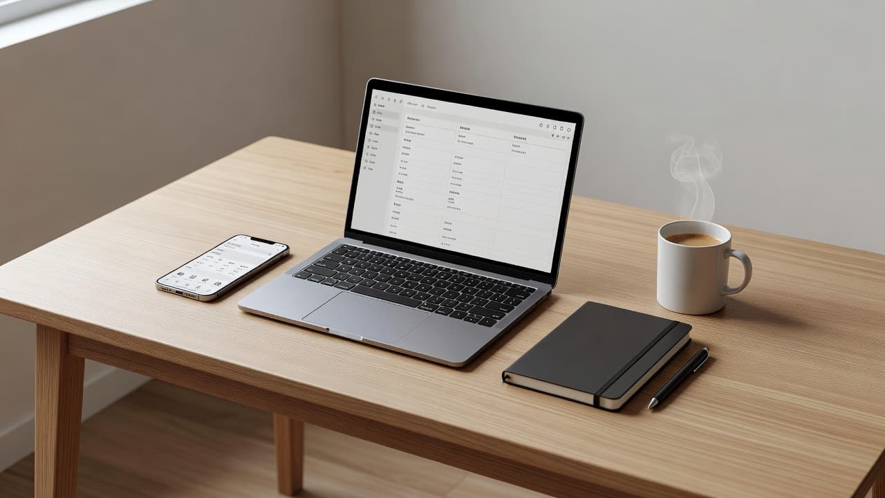 Best Japanese Dictionary Apps for Serious Learners in 2026 2 A clean wooden desk holds a sleek laptop, a digital smartphone, and a leather-bound notebook. A steaming ceramic coffee mug rests beside the devices under soft, diffused natural light from nearby.