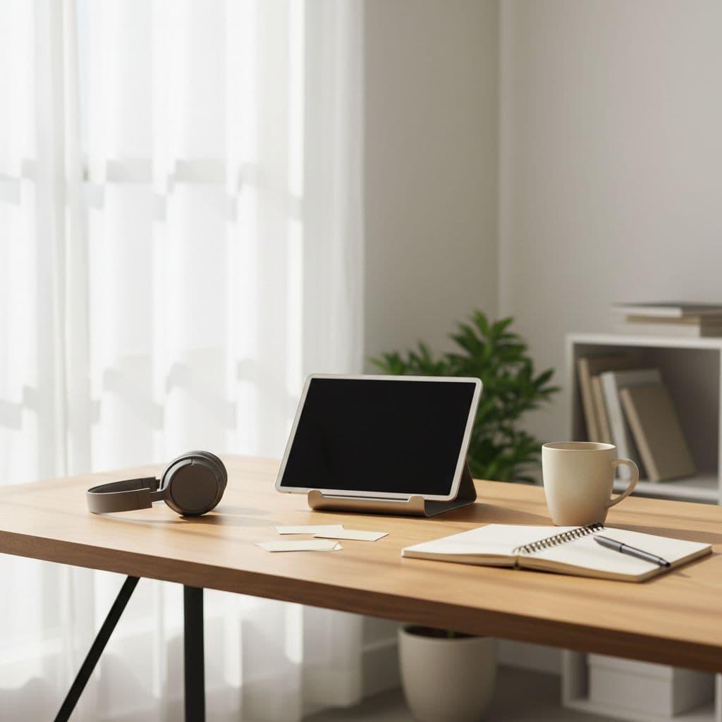 Best Swedish Learning Apps for Serious Learners in 2026 2 A sleek, minimalist desk holds a digital tablet, modern headphones, a notebook, and a steaming coffee mug. Soft morning light streams across the organized workspace, creating a calm, focused learning environment.