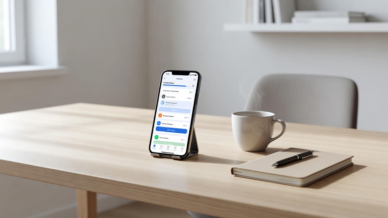 SuperChinese vs LingoDeer for Mandarin in 2026 2 A clean wooden desk contains a smartphone showing an abstract educational app interface, a ceramic coffee mug, and an open notebook. Soft natural light streams in to create gentle desk shadows.