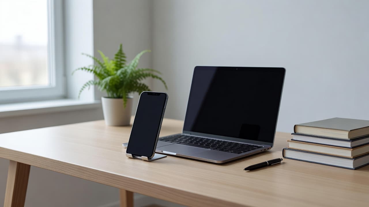 Best Swahili Learning Apps for Serious Learners in 2026 1 A sleek silver laptop sits beside a modern smartphone on a clean wooden desk surface. Soft natural light flows from a window, highlighting an organized professional environment perfect for language study.
