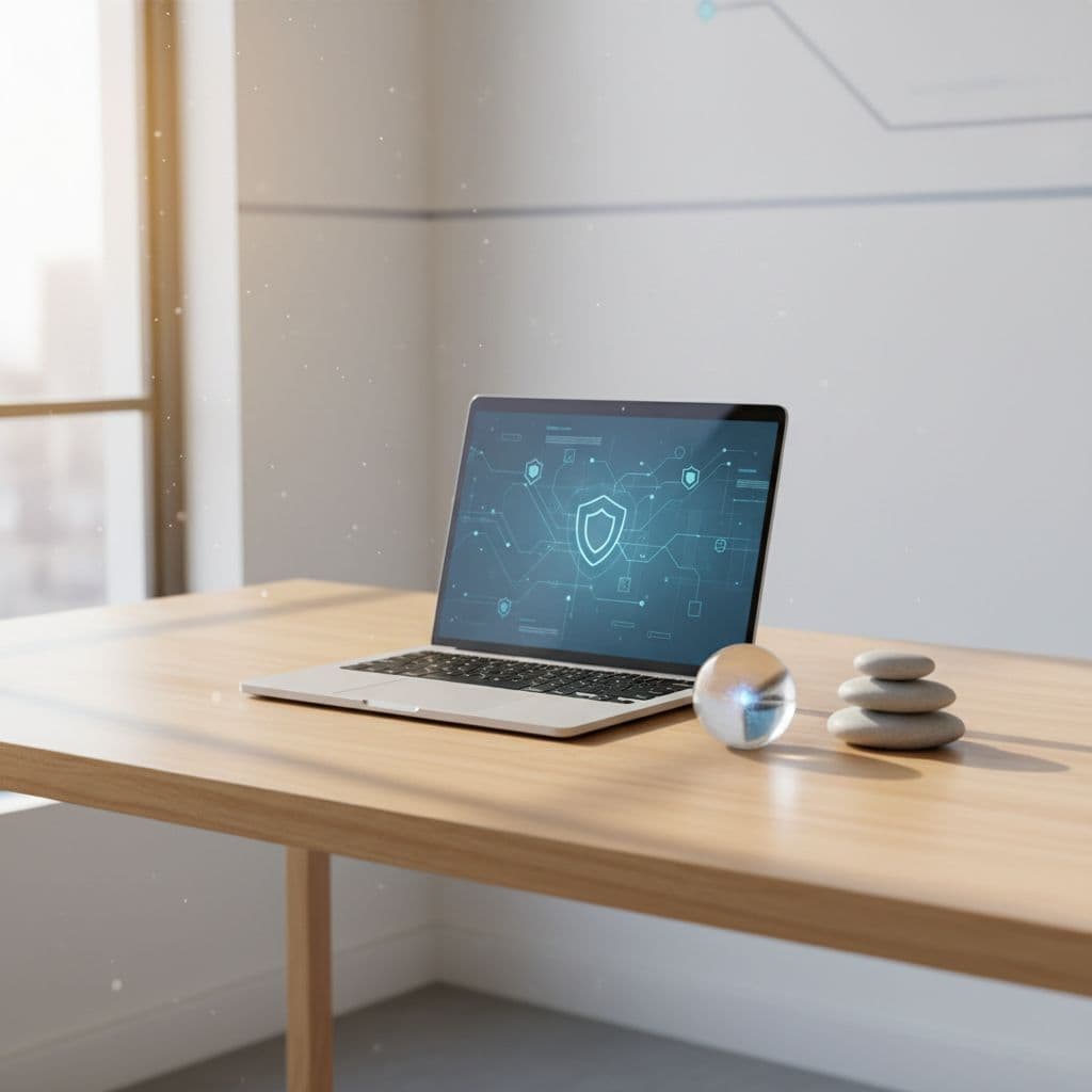 A single open laptop sits on a clean desk bathed in soft, natural sunlight.