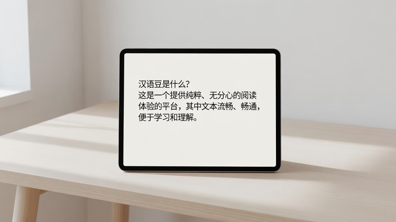 A slim tablet rests on a clean, empty surface, displaying clear Mandarin characters on its glowing screen. Soft, natural sunlight illuminates the minimalist frame, creating a calm and focused environment.