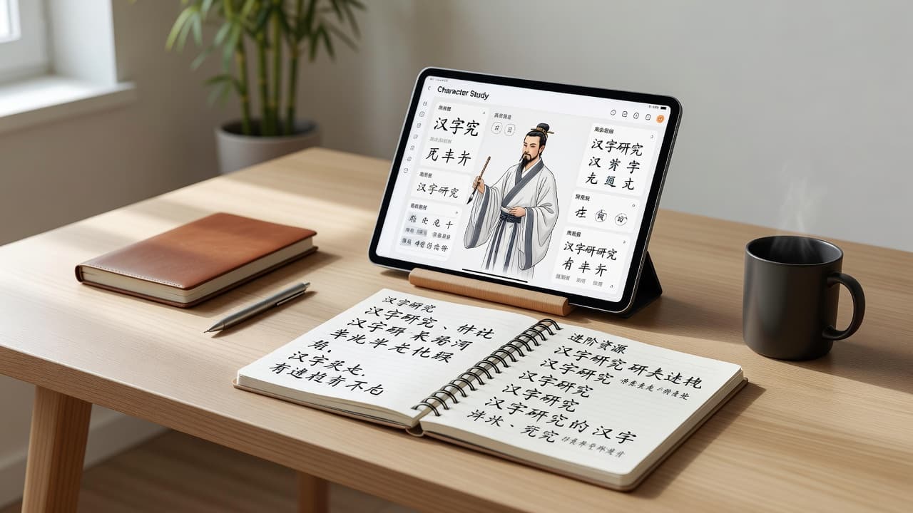 What to Use After HelloChinese for Better Chinese Progress 2 A sleek digital tablet showing language exercises rests beside an open notebook filled with handwritten Chinese characters. The composition sits on a clean surface bathed in soft, diffused morning sunlight.