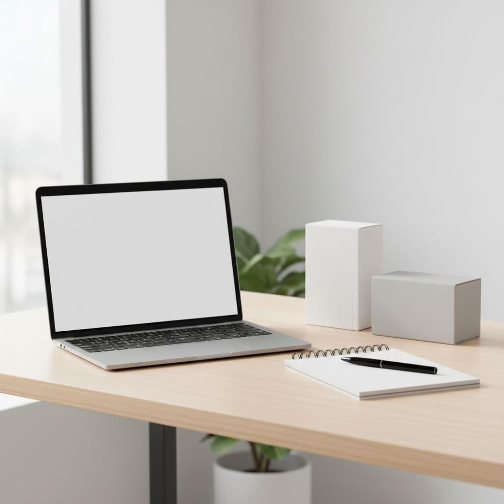 An open laptop sits on a clean wooden desk beside a notebook, pen, and two packaged product boxes. Bright natural light illuminates the surface from the side, creating a professional setting.