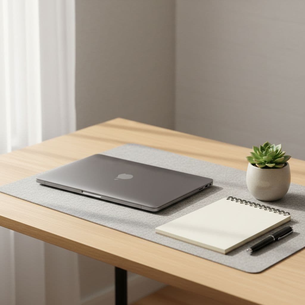 A clean office desk features a laptop, notebook, and small plant under soft morning light.