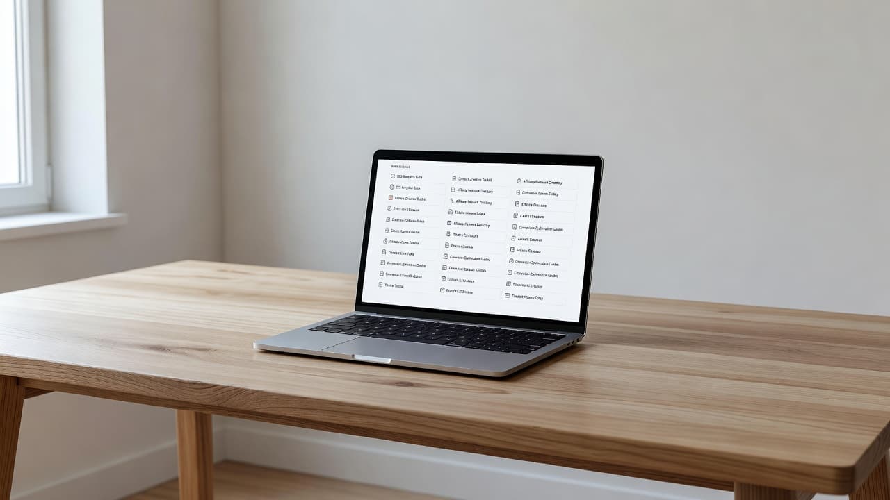 A clean wooden desk with a laptop sitting near a sunny window.