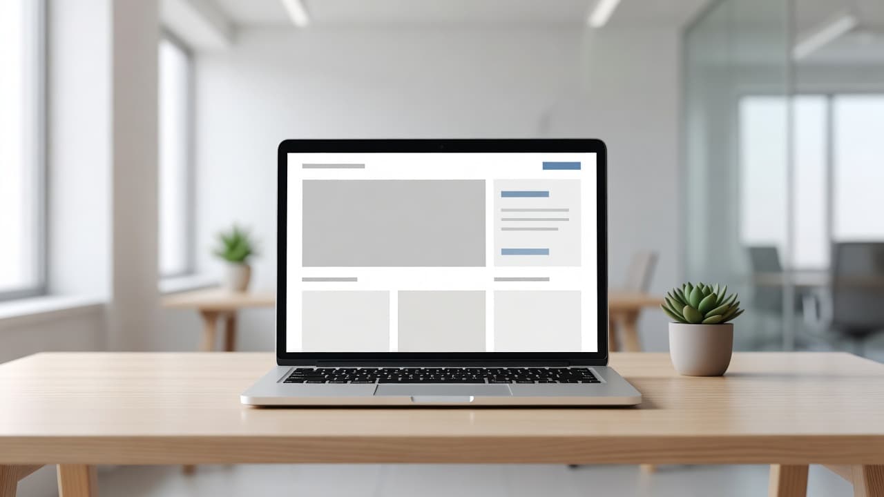 A sleek laptop displays a clean software interface design on a white desk. The surrounding professional office environment features soft ambient light, creating a focused atmosphere for high-conversion web development.