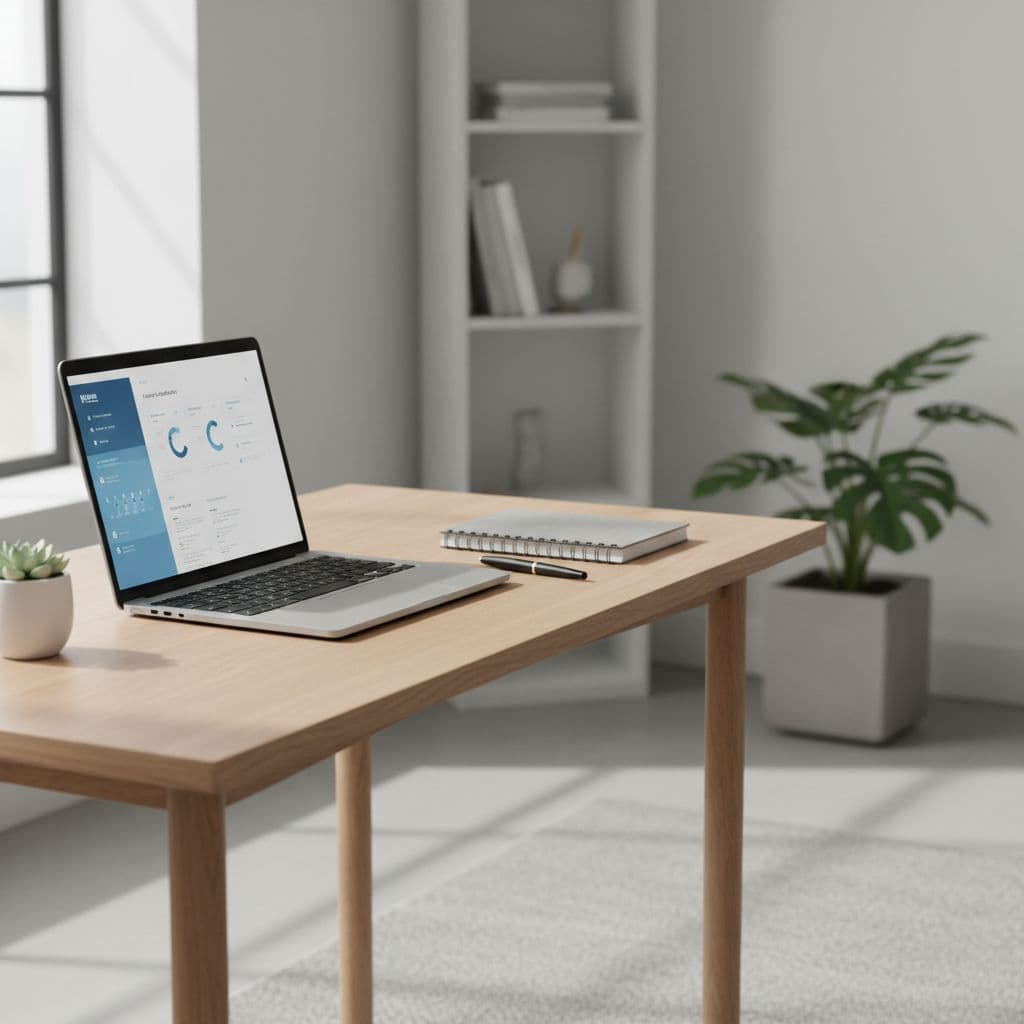 A clean white desk features an open laptop and a spiral-bound notebook positioned neatly on the surface. Bright, soft natural sunlight floods the workspace, highlighting the organized and clutter-free modern aesthetic.