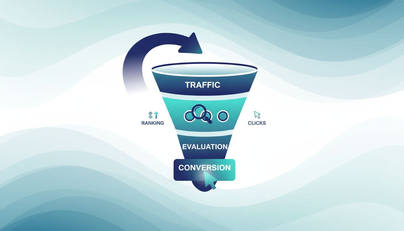 Clean, modern editorial illustration in minimalist vector style with navy, teal, and white gradients, depicting a sales funnel from traffic to evaluation to conversion stages.