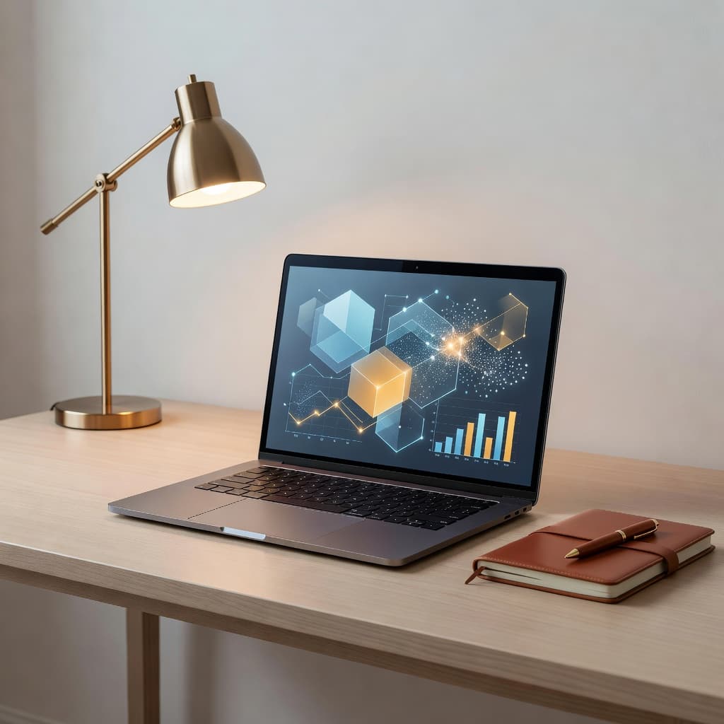 A sleek silver laptop sits on a clean desk displaying complex abstract data charts. Soft ambient task lighting illuminates the organized workstation, creating a professional atmosphere for deep digital analysis.