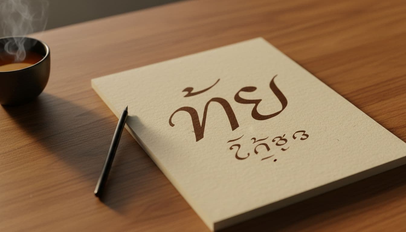 A minimalist notebook displaying handwritten Thai script characters rests on a wooden desk under soft lighting.