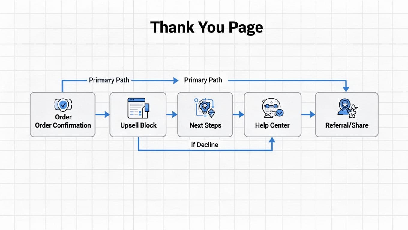 Horizontal minimalist flowchart depicting the order flow on a confirmation page, with modules including Order Confirmation, Upsell Block, Next Steps, Help Center, and Referral/Share connected by labeled arrows like Primary Path and If Decline.