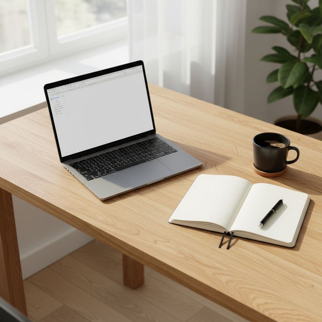 A top-down view of a tidy wooden desk featuring a laptop, notebook, and coffee mug.