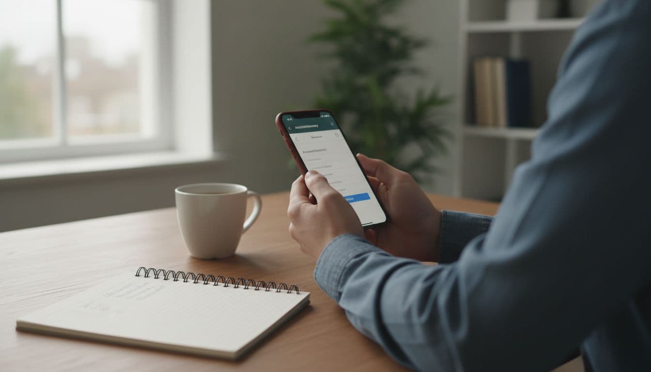 Person sitting at a desk holding a smartphone with a blurred account recovery form on screen, notebook checklist and coffee mug nearby, natural daylight, realistic photography.