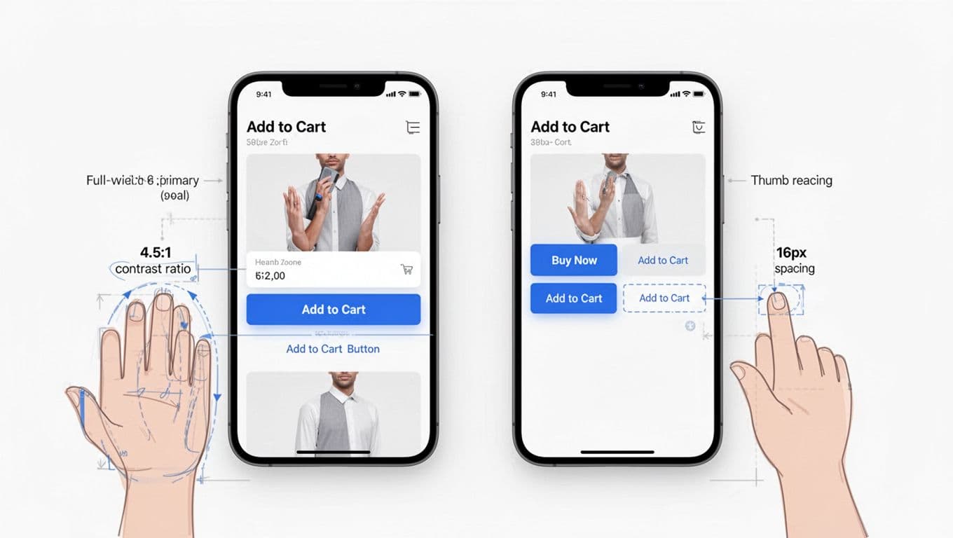 Clean professional UI/UX mockup comparing full-width add to cart button versus split Buy Now and Add to Cart buttons on mobile product pages, with annotations for thumb reach, contrast, and spacing.