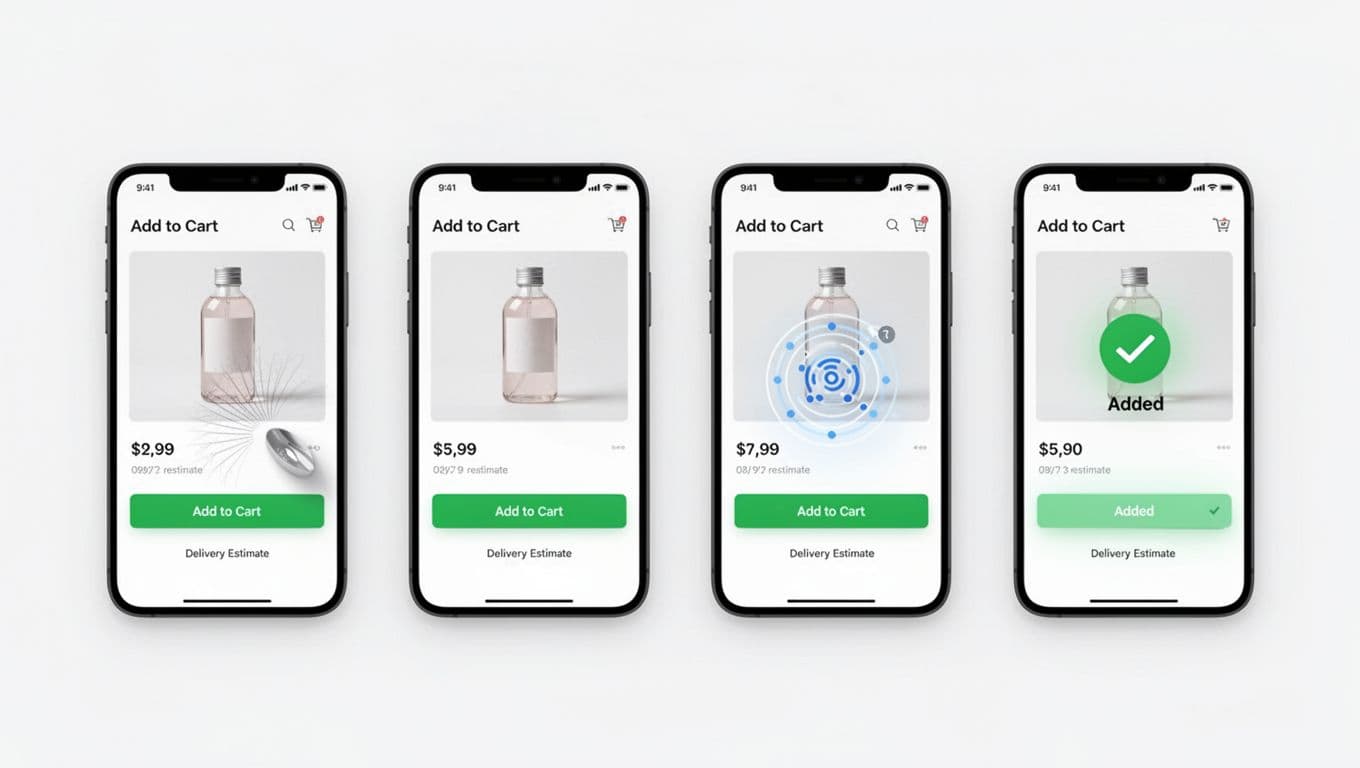 Clean professional UI/UX illustration mockup showing four states of an add to cart button on a mobile product page: default green, pressed with depression, loading spinner, and success with checkmark. Modern SaaS style with minimal design, high-contrast colors, subtle shadows, and microcopy like delivery estimates.