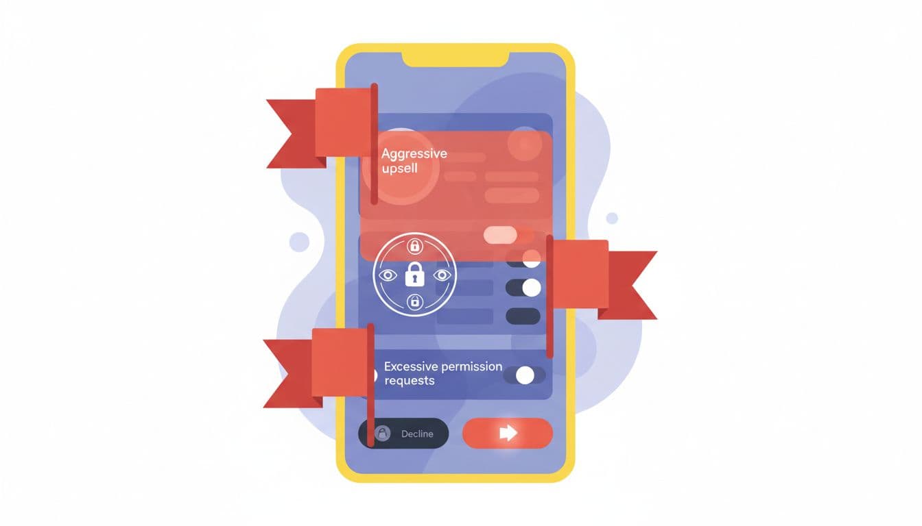 Illustration of mobile app interface with red flag icons highlighting aggressive upsell popups, excessive permission requests, and dark pattern buttons in simple flat design using warning colors.