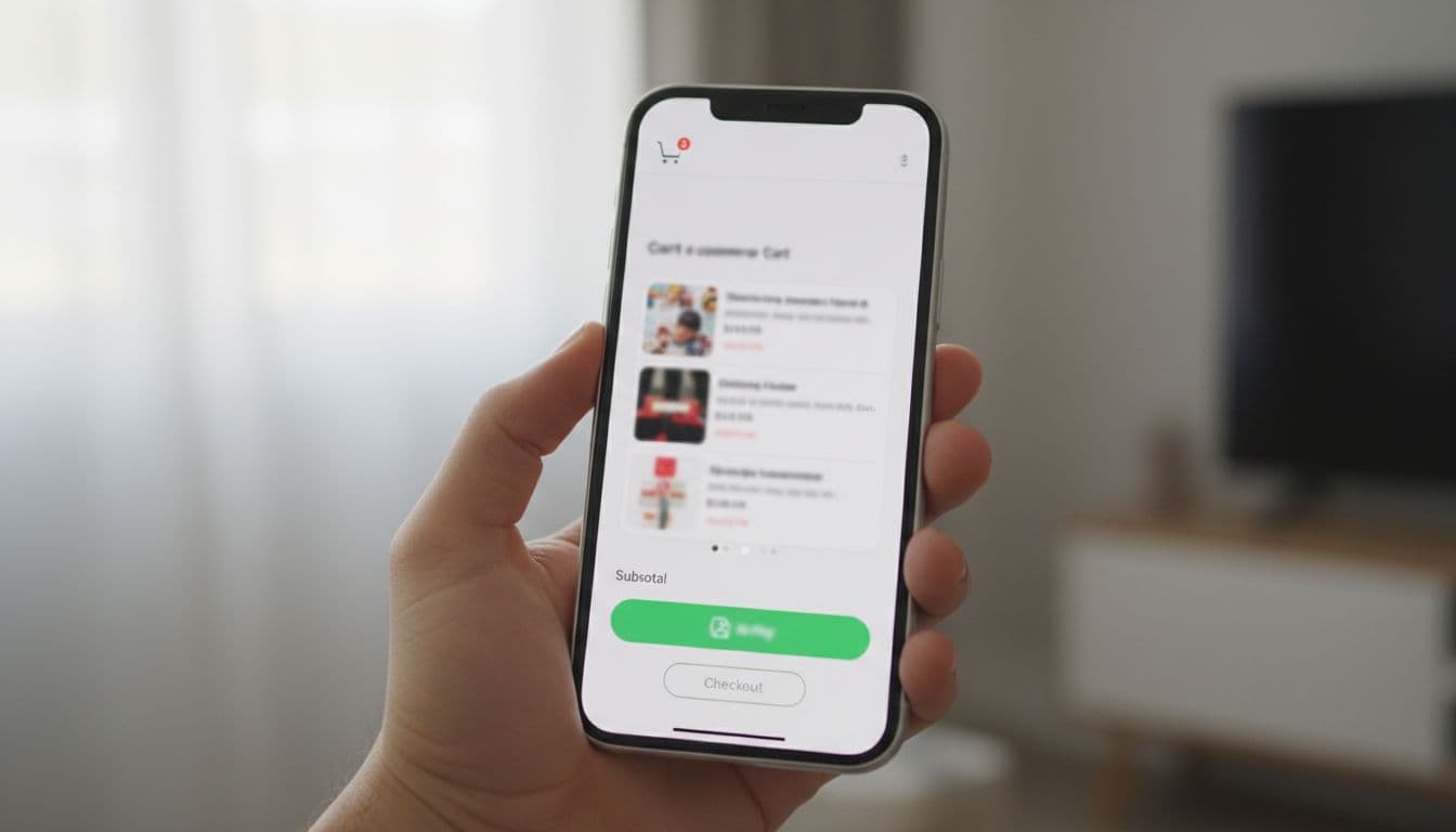 Smartphone held in one hand displaying ecommerce cart page with prominent large green express checkout button at bottom like Apple Pay or Google Pay above smaller standard checkout, clean modern UI, natural indoor lighting.
