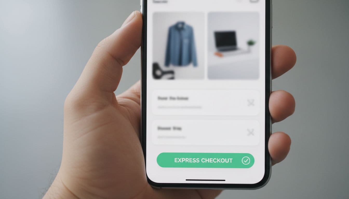 Close-up of a smartphone screen held in one hand, displaying a simple mobile shopping cart page with a prominent green express checkout button near the bottom, featuring a clean modern interface under soft natural lighting.