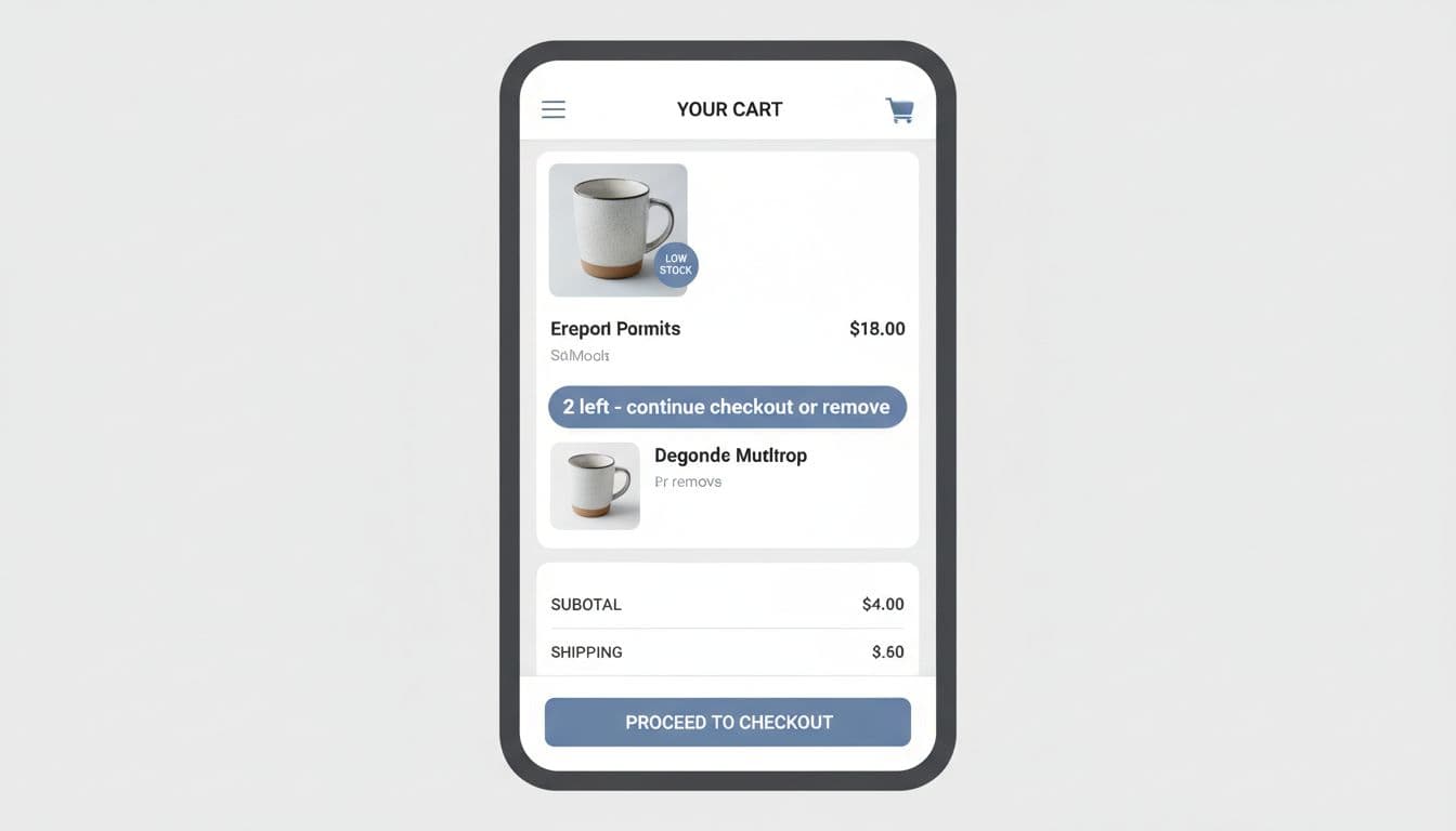 Clean modern mobile shopping cart screen displaying a low stock item with the calm message '2 left - continue checkout or remove'. Professional editorial-style illustration in neutral colors with subtle urgency, no extra text or props.