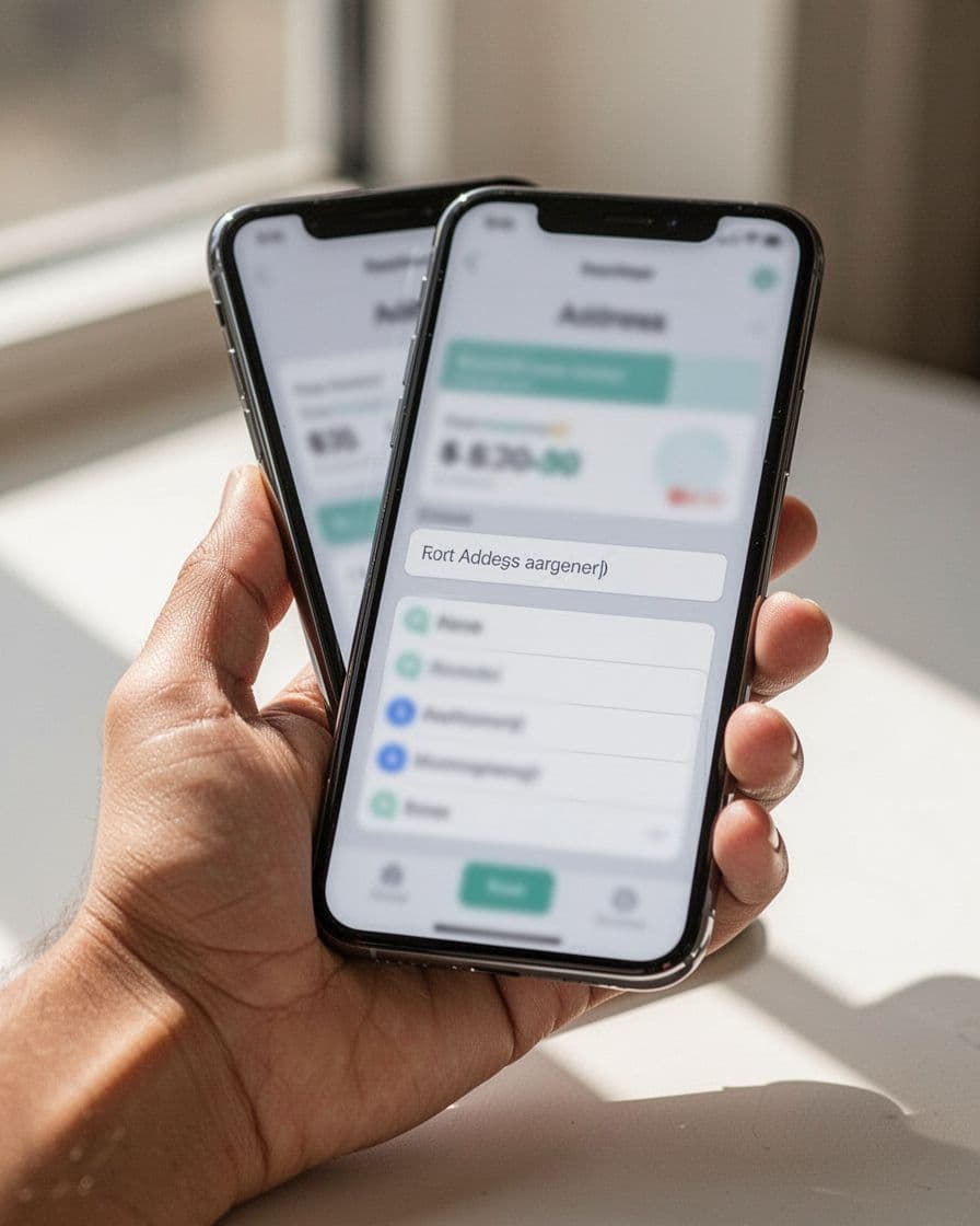 Close-up of a hand holding a smartphone in portrait mode during mobile e-commerce checkout, showing an address input field with autocomplete dropdown suggestions below it in a clean modern interface.