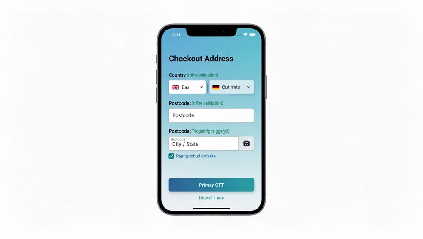 Clean vector illustration of a mobile phone screen at a slight angle displaying an optimized address form for checkout, featuring country selector, inline validation hints, postcode-triggered autofill, and primary CTA button in modern SaaS style with subtle blue-teal gradients on white background.