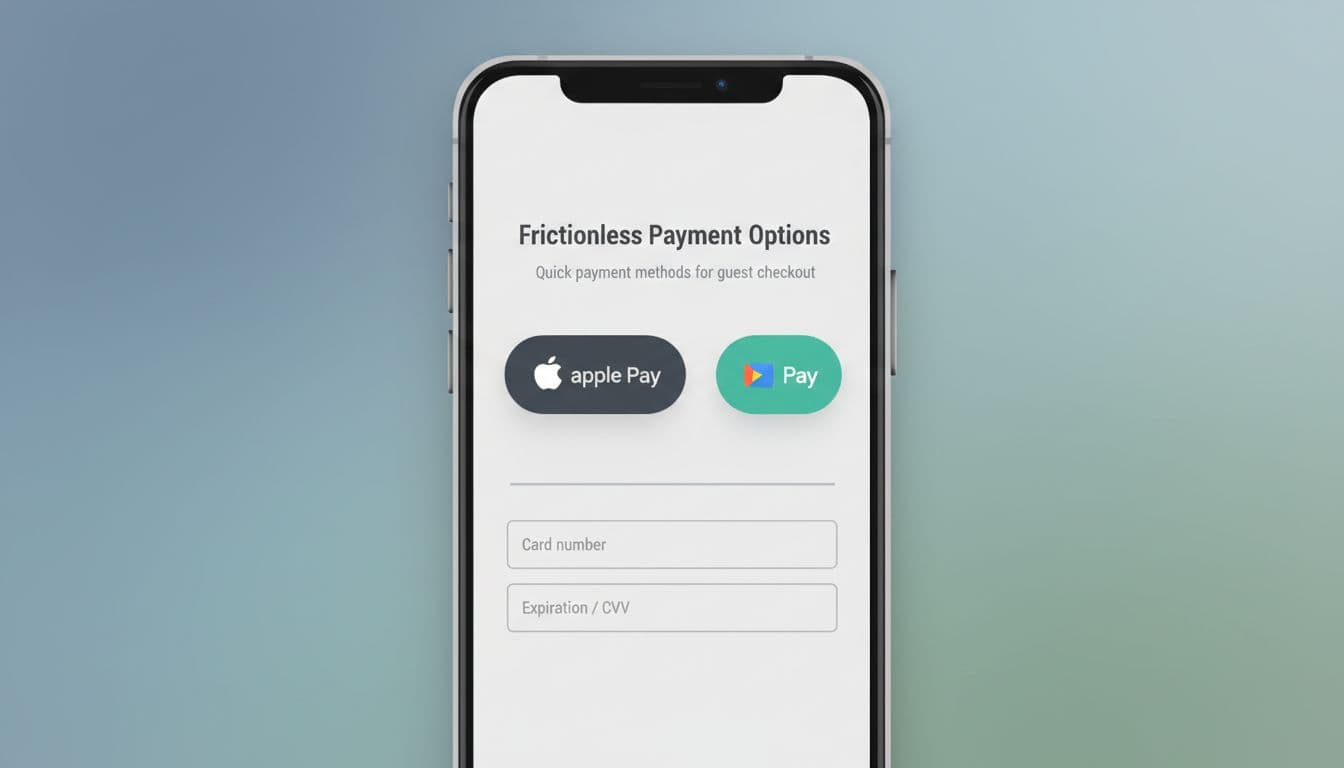 Clean professional illustration of a mobile checkout screen in landscape view featuring one-tap payment options like Apple Pay and Google Pay buttons above card fields, in modern UI wireframe style with minimal palette.