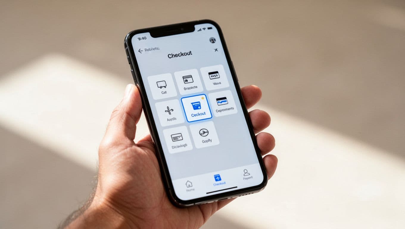 Smartphone held naturally in one hand showing a minimalist checkout page with scrollable payment method icons including credit cards, Apple Pay, Google Pay, PayPal, and BNPL options. Modern UI with focus on selector area, natural light, and clean composition.