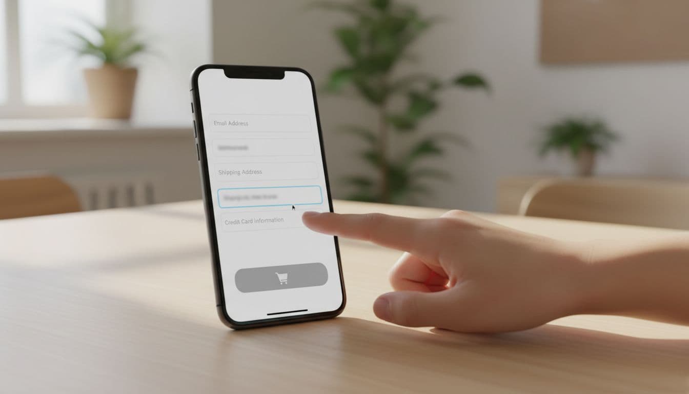 Smartphone on table shows checkout form with highlighted phone number field, hand tapping input.