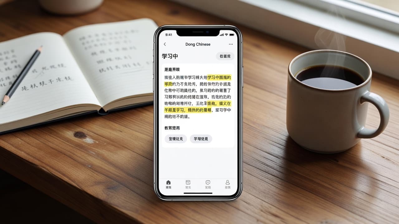 Dong Chinese Review 2026: Is It Worth It? 2 A smartphone screen displays an educational app with Chinese text and highlighted vocabulary on a white background. It rests on a wooden desk near a coffee cup and paper notebook.