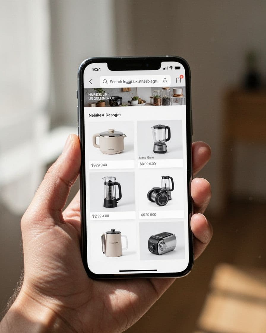 Mobile phone screen displaying an ecommerce category page with a compact banner strip at the top for merchandising messages and products arranged in a thumb-friendly grid below. Vertical orientation with soft daylight lighting, held naturally at an angle, emphasizing the clean page layout without text details, logos, or watermarks.