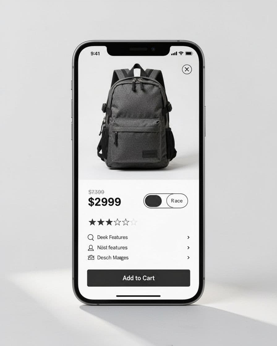 Portrait smartphone screen mockup of an e-commerce product detail page for a backpack, featuring a large product photo, price with 'Best Seller' and 'Free Returns' badges, star rating, bullet features, and prominent add-to-cart button in clean modern flat design.