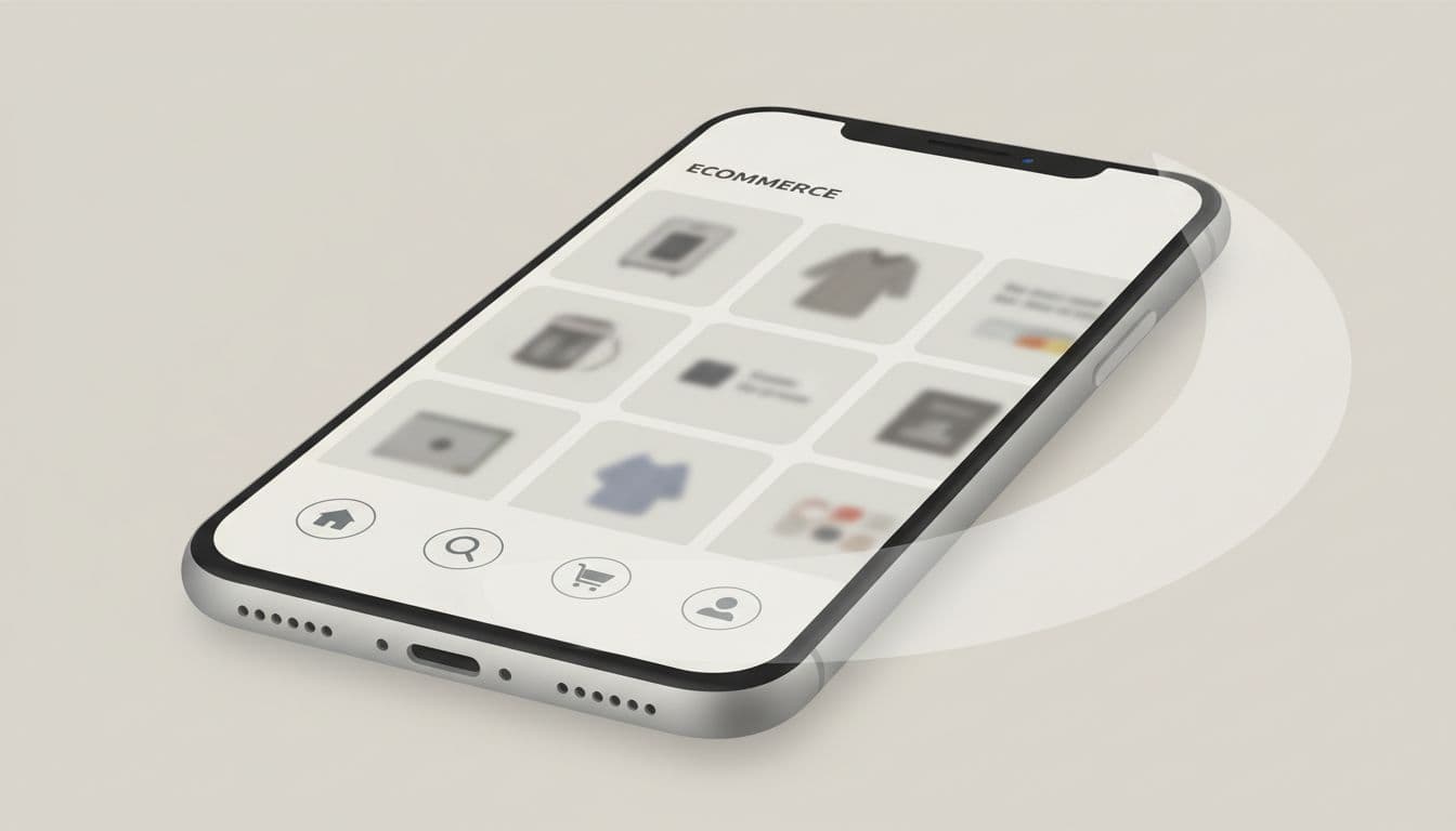 High-fidelity smartphone mockup displaying a clean mobile ecommerce app interface with thumb-friendly bottom navigation bar including home, search, cart, and account icons on a product listing page. Minimalist professional UX/UI design in subtle brand-neutral colors.
