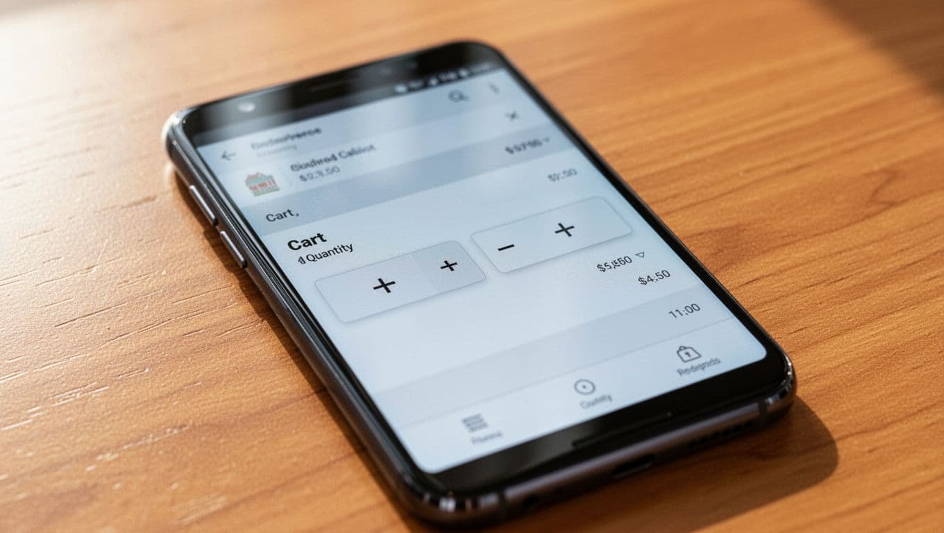 Close-up of smartphone screen on e-commerce shopping cart showing quantity selector with large plus and minus buttons, clean design with ample spacing for mobile usability, realistic Android phone on wooden surface.