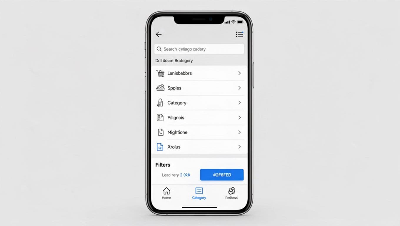 Clean UX wireframe for mobile e-commerce category navigation featuring bottom navigation bar, hamburger menu, drill-down breadcrumbs, filters button, back arrow, and thumb-reach hints in high-contrast grayscale with blue accent.