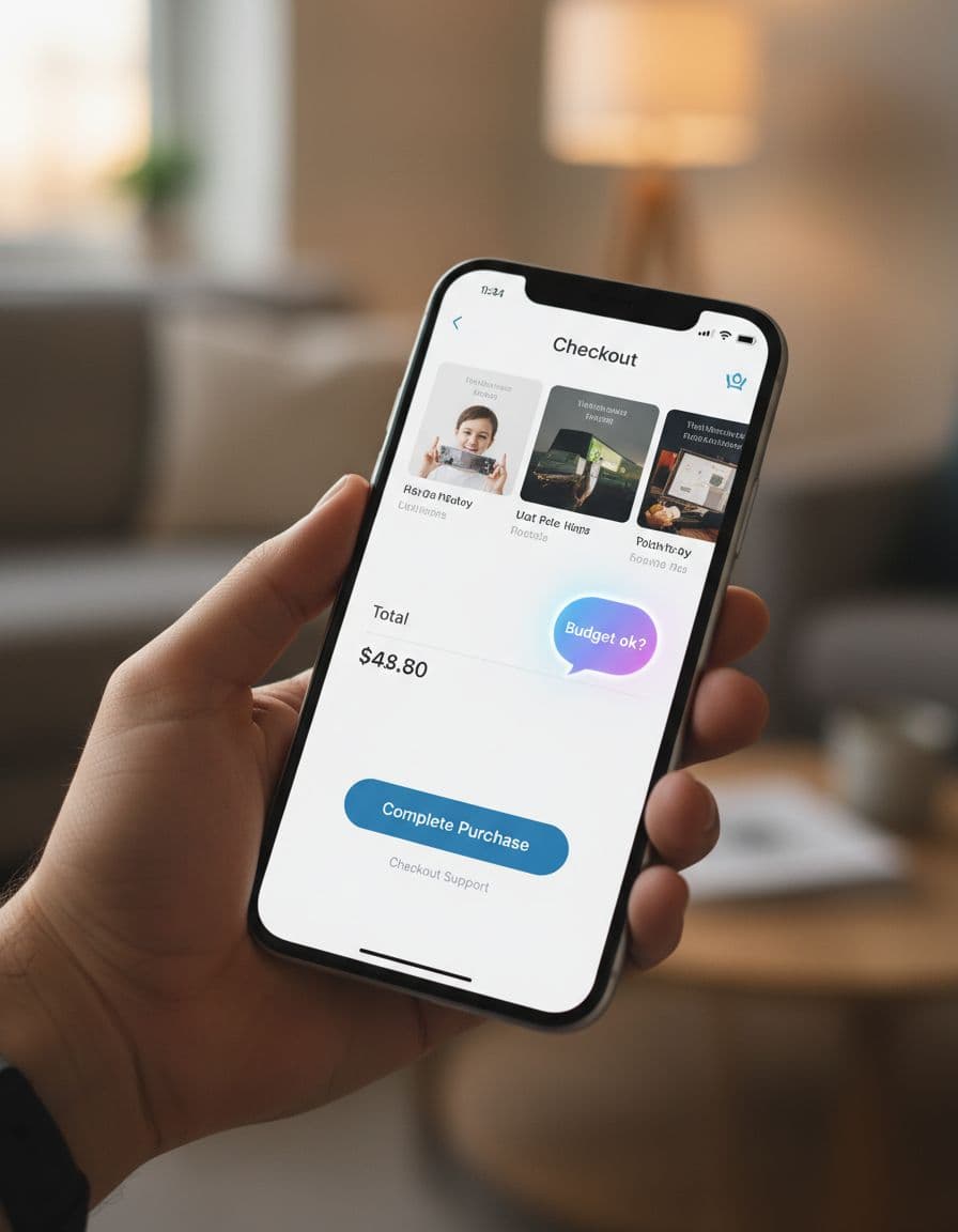 Clean mobile ecommerce checkout screen with AI assistant icon prompting budget check, held in one hand at relaxed angle in casual home setting with soft evening light.
