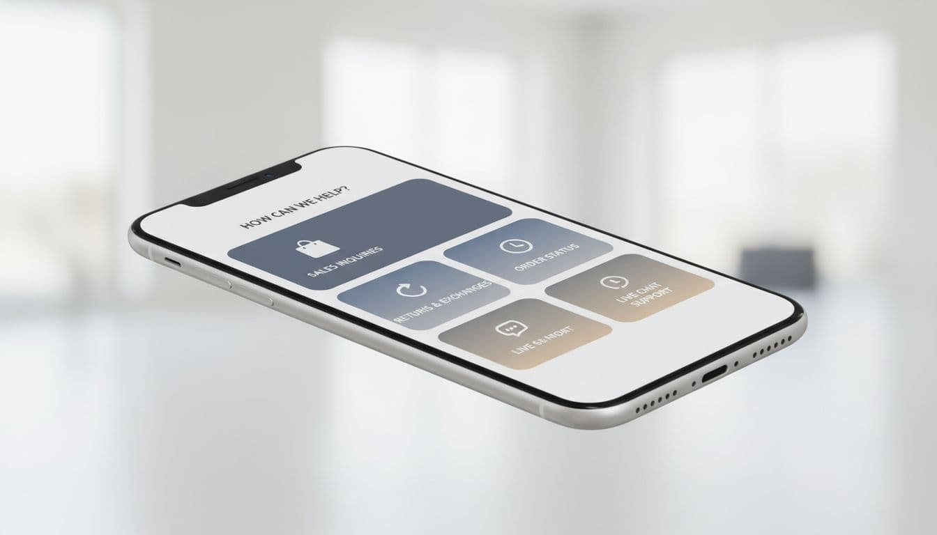 Professional UX/UI illustration of a thumb-friendly mobile ecommerce contact page with routing buttons for sales, returns, order status, and chat on a landscape smartphone screen.