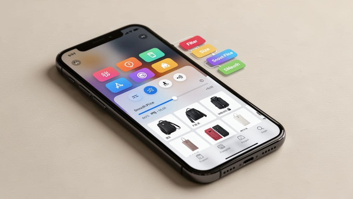 Clean mockup of a modern smartphone screen showing an open filter drawer with multi-select options like color chips, size toggles, and price slider applied, displaying a narrowed product grid and removable filter chips above.