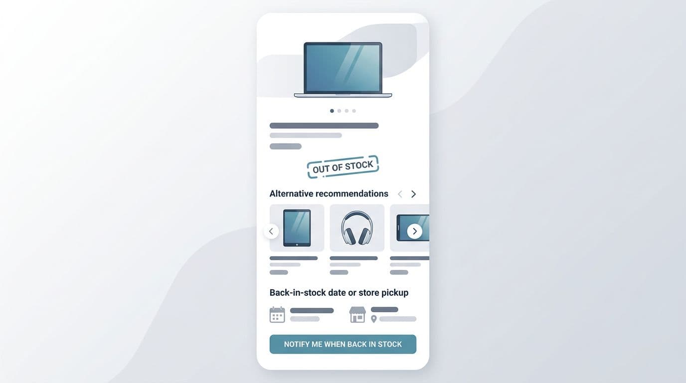 Clean modern flat vector illustration of a mobile phone screen showing an ecommerce product page with 'Out of stock' badge, product image, title, price, alternative recommendations carousel, notify button, and back-in-stock options. Enterprise SaaS aesthetic with neutral white-gray palette, blue-teal accents, high clarity vertical UI layout.