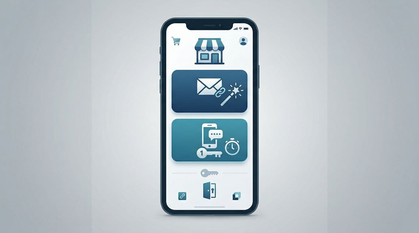 Modern SaaS-style illustration of a mobile ecommerce storefront screen offering email magic link and SMS OTP passwordless login buttons. Clean flat design on neutral gray background with one phone device shown straight on.