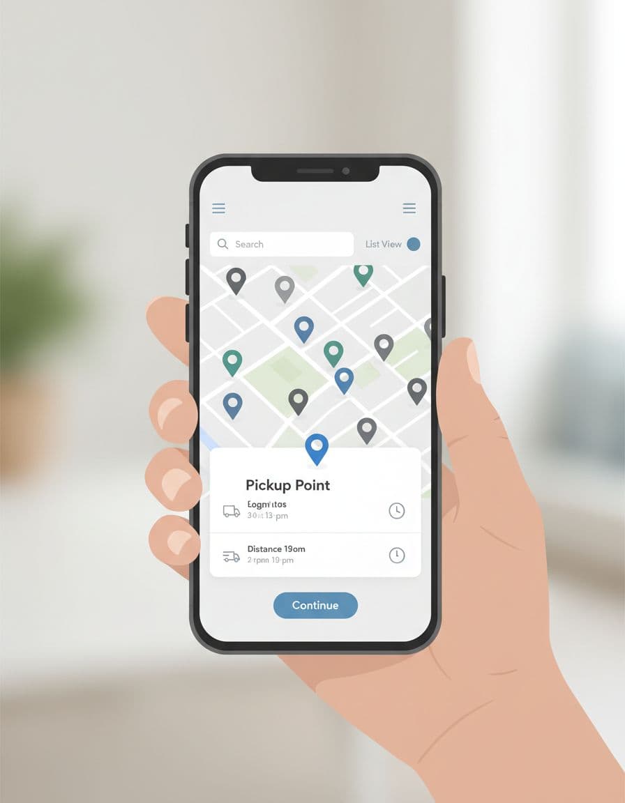 Smartphone held in hand shows e-commerce checkout with interactive map, selected store pin, and details panel.