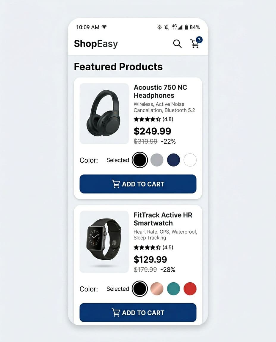 Mobile view UI mockup of e-commerce product listing cards optimized for touch with large add buttons, clear price hierarchy, and swipeable variants. Vertical stack of two generic product cards in a phone screen frame using modern flat design, high contrast, and ample spacing.