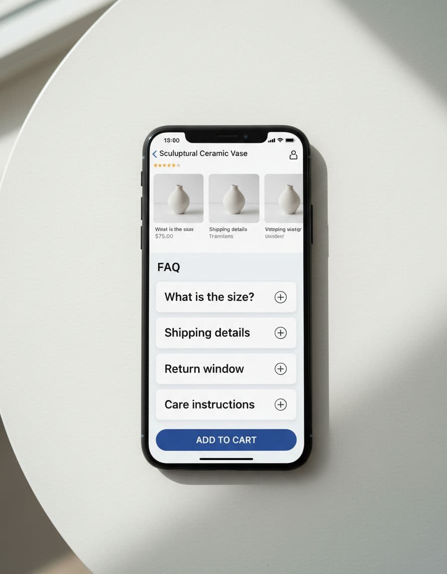 Realistic smartphone screen on a white table displaying an ecommerce product page with compact expandable FAQ accordions above a sticky add-to-cart button, in clean modern design with large thumb-friendly text under soft natural daylight.